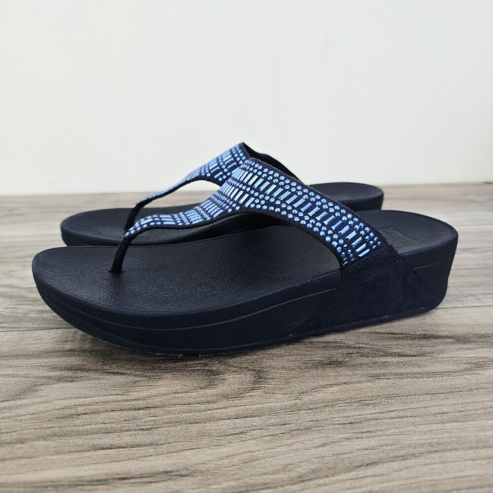 FitFlop Womens 7 Strobe Rhinestone Sandals Shoe Navy Thong Wedge SlipOn Comfort